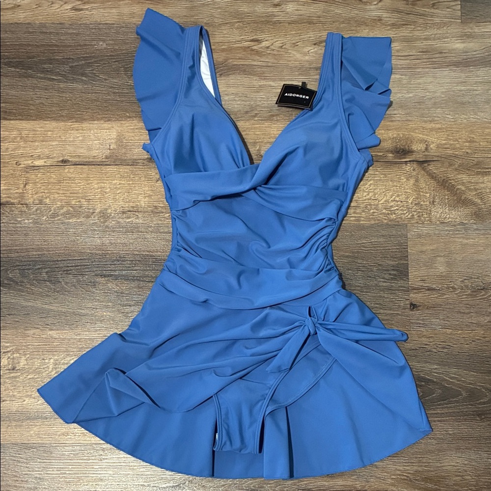 Amoressa Blue Ruffle One-Piece Swim Dress